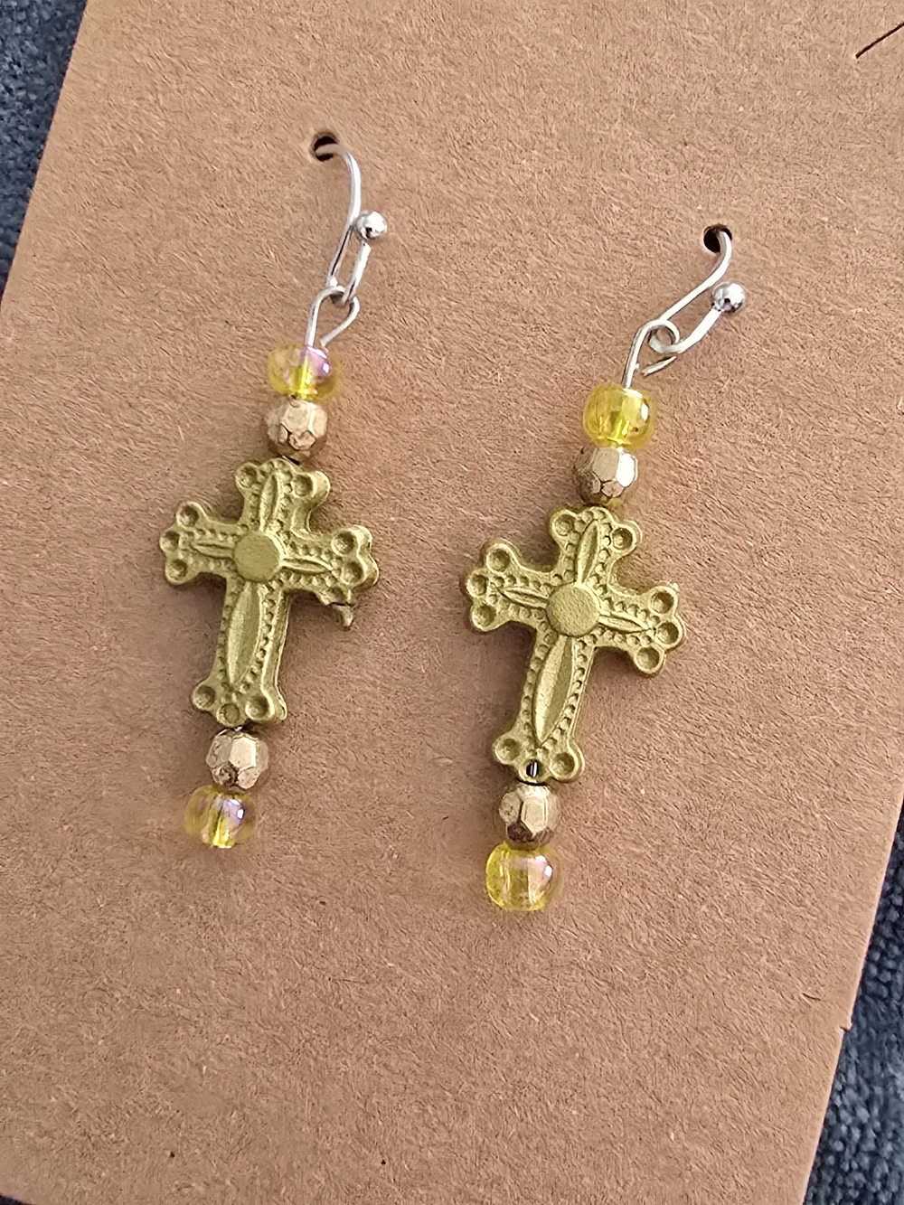 Antique Gold (Color) Cross Drop Earrings with Yellow Bead Accents